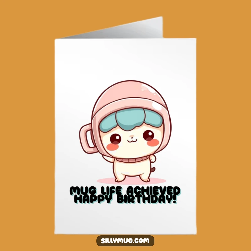 Funny Free Printable Birthday Card: Mischievous Kawaii Helmet Mug DIY Downloadable Gift