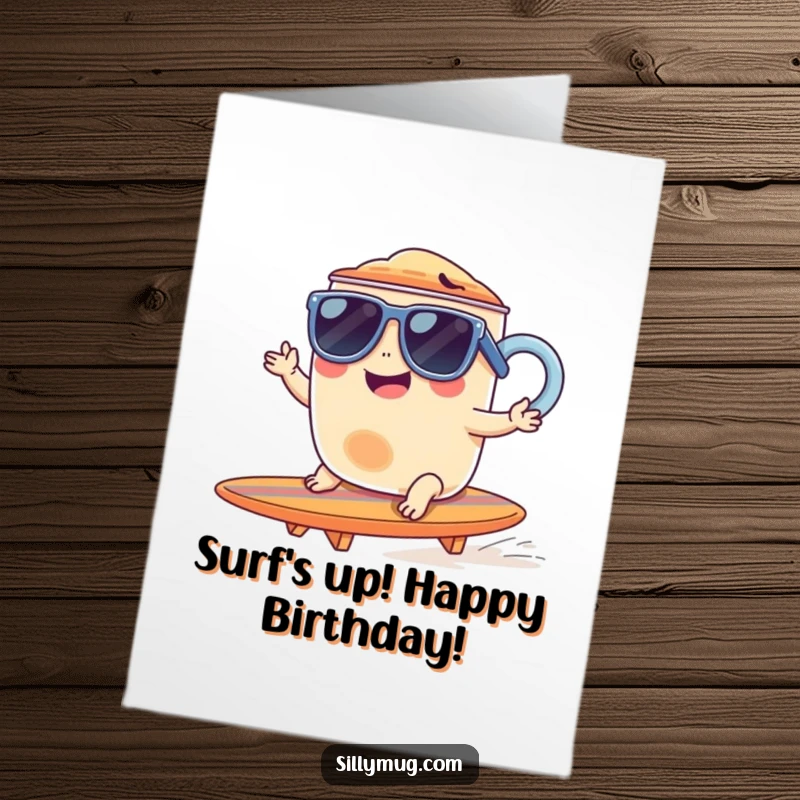 Funny Free Printable Birthday Card: A giggling mug wearing sunglasses surfs gleefully on a tiny surfboard, embodying cool vibes.