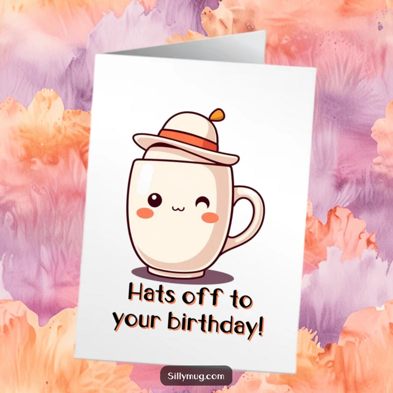 Funny Free Printable Birthday Card: A cute kawaii mug with a tiny hat tilted playfully on its rim.