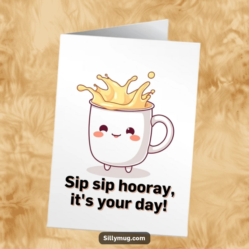 Funny Free Printable Birthday Card: A kawaii mug character playfully splashing imaginary liquid from its rim with a happy expression.