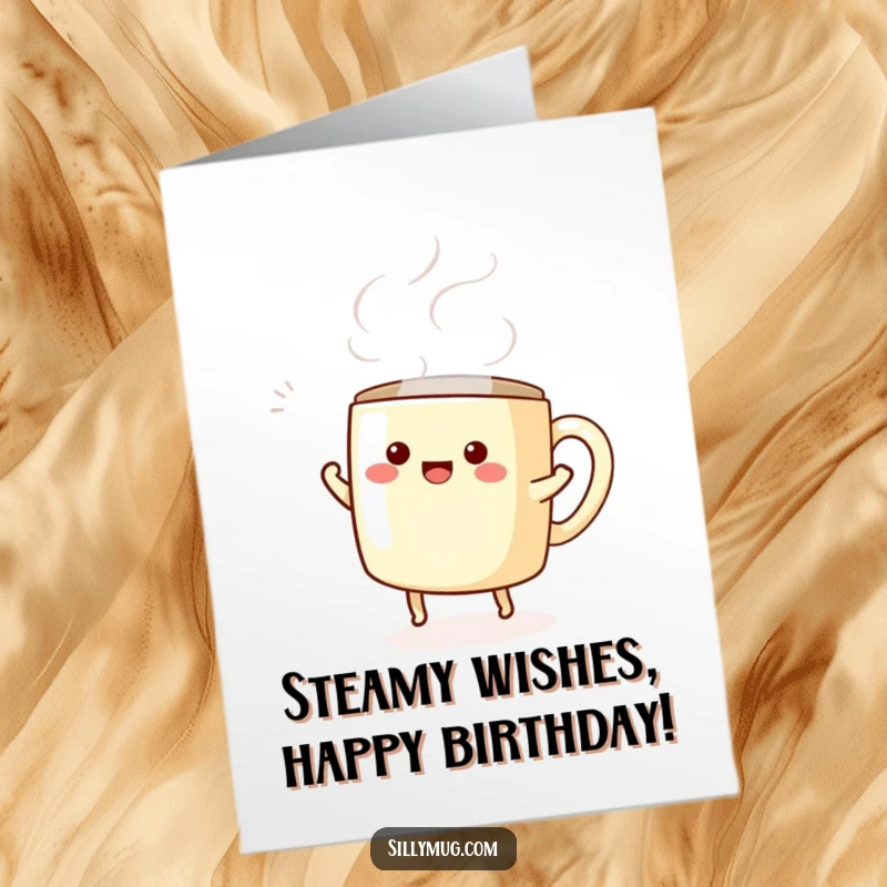 Funny free printable birthday card: Kawaii mug joyfully dancing, steam swirling, celebrating with pure delight.