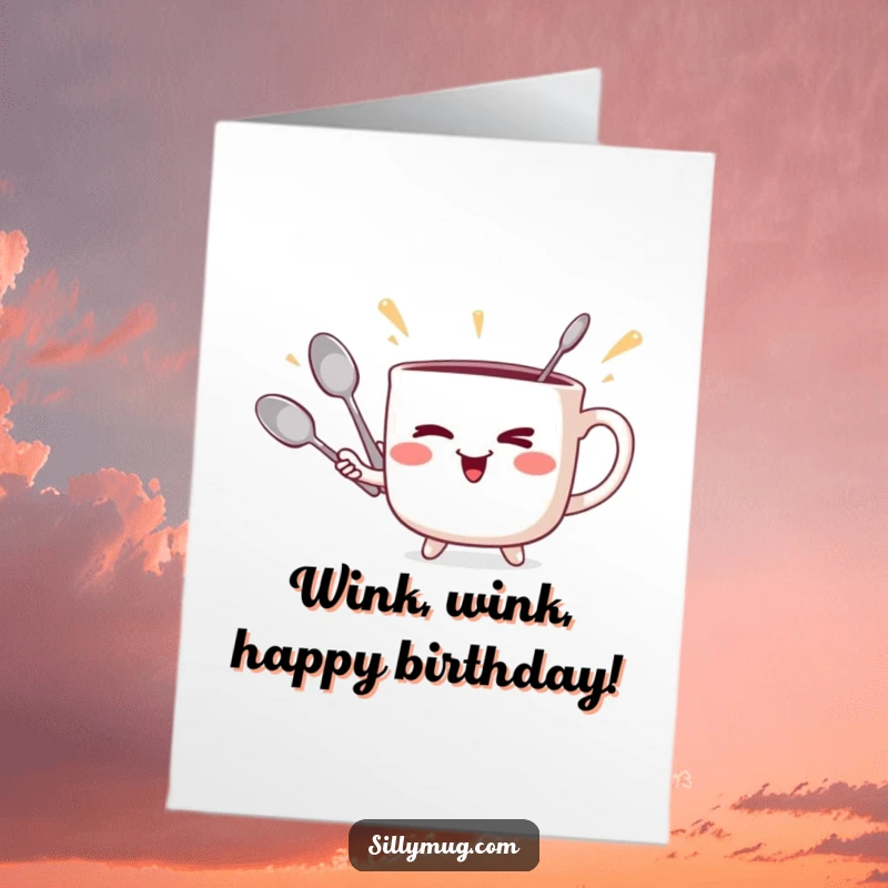 Funny Free Printable Birthday Card: A mischievous mug winks while joyfully juggling three shiny spoons in the air.