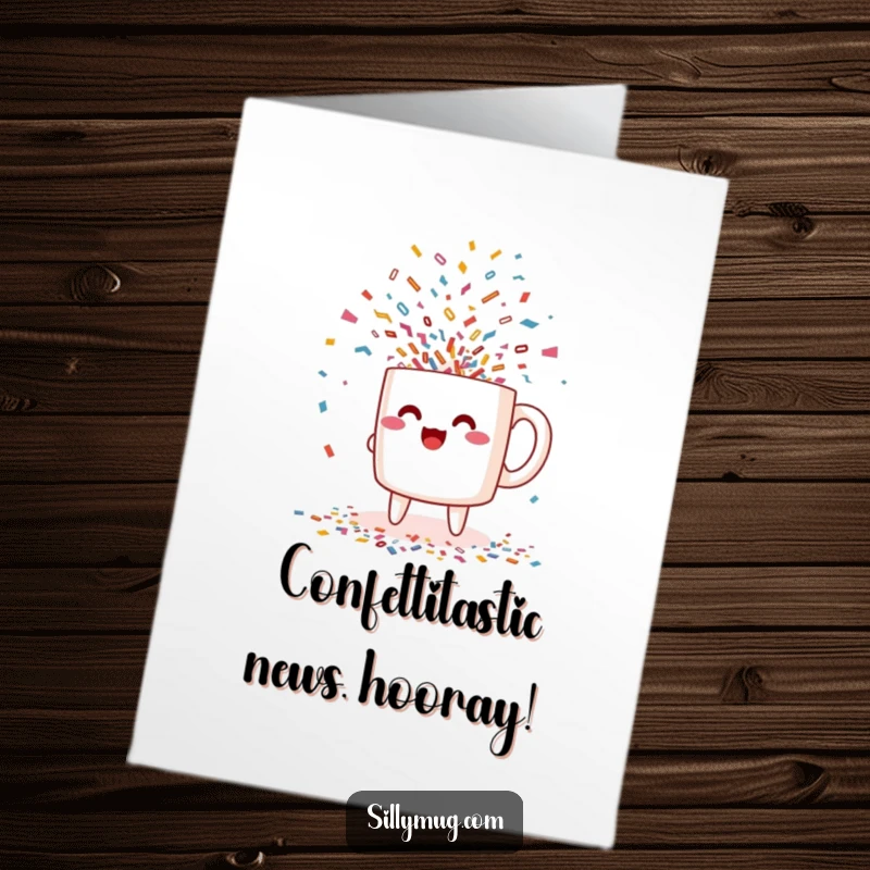 Funny Free Printable Congratulations Card: An excited kawaii mug releasing a shower of confetti in celebration.