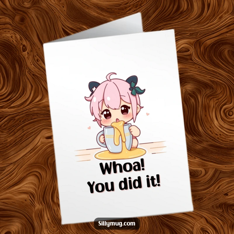 Funny Free Printable Congrats Card: Surprised character after spilling hot liquid, a relatable celebratory mishap.