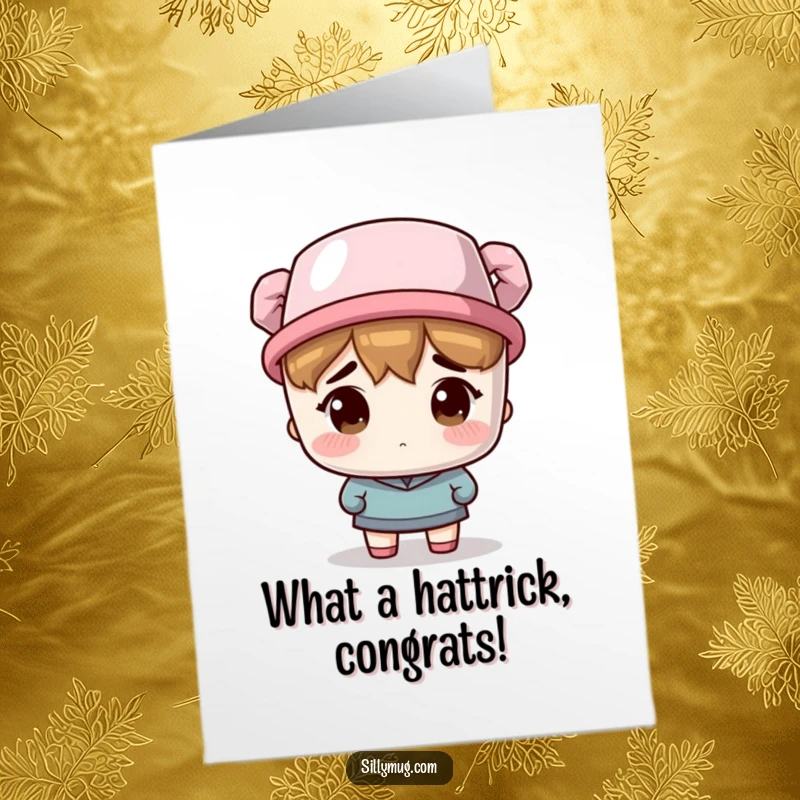 Funny Free Printable Congrats Card: Character sports a coffee mug as a hat, looking lost but embracing the moment, a great downloadable gift.