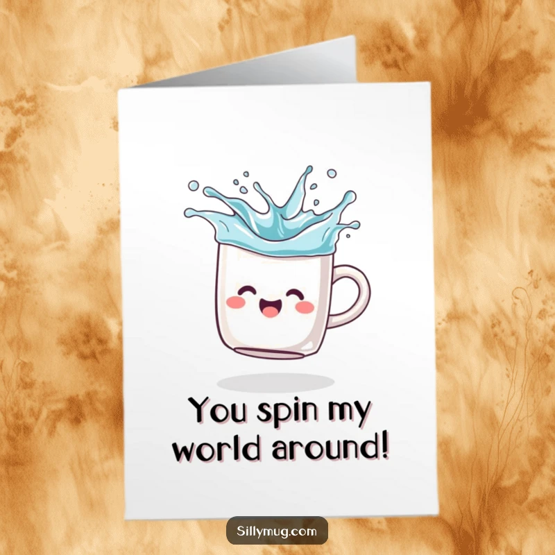 Funny free printable congratulations card showing a happy mug spinning like a top, splashing liquid, perfect for celebrating achievements with humor.