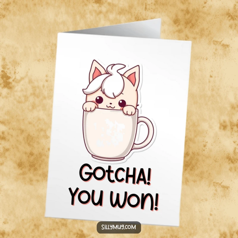 Funny Free Printable Congrats Card: Character peeking over a mug with a mischievous grin, sharing a secret success.