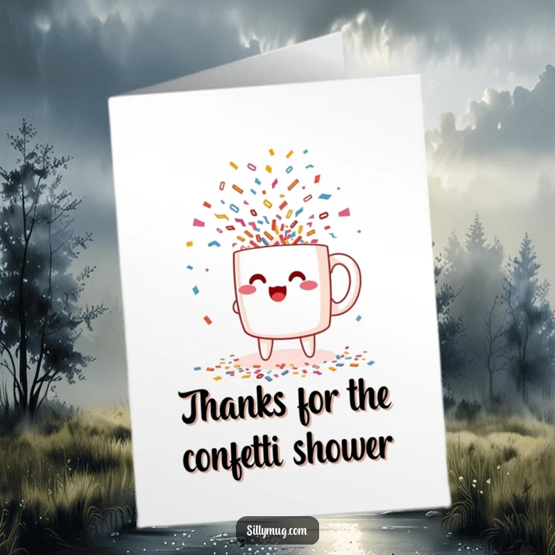 Funny Free Printable Thank You Card: A kawaii mug excitedly pouring out a stream of confetti.