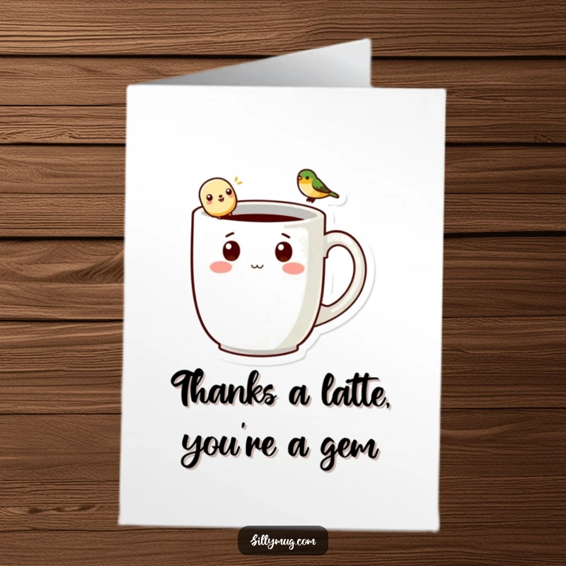 Funny Free Printable Thank You Card: Kawaii mug character with a sweet bird on its handle, showing gratitude happily.