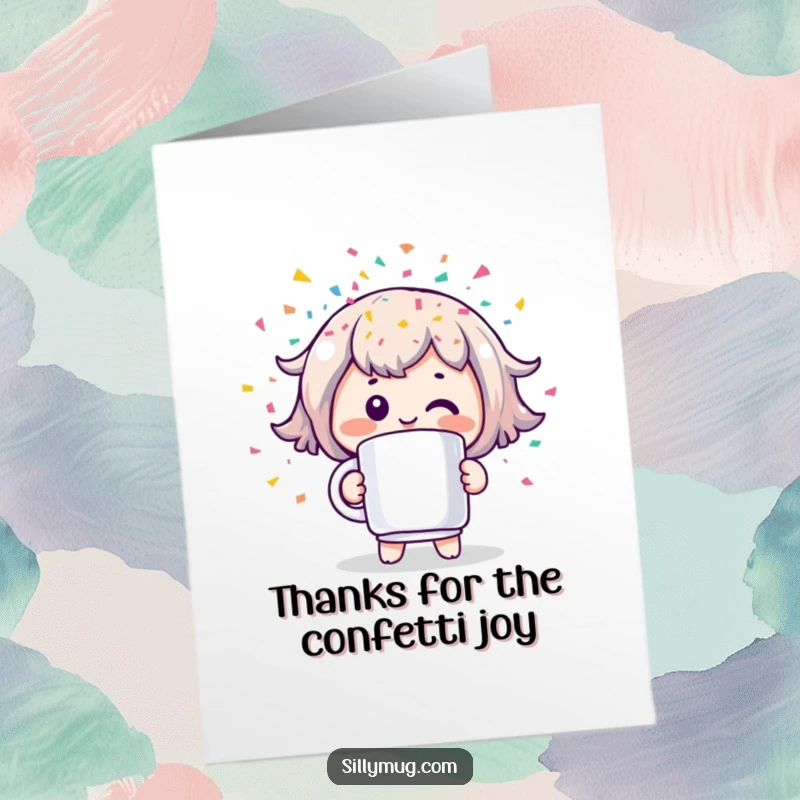 Funny Free Printable Thank You Card: a cheerful Kawaii character making a mug shoot out colorful confetti, thanking someone.