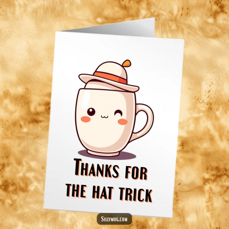 Funny Free Printable Thank You Card: A kawaii mug with a jaunty, tilted tiny hat, looking pleased.