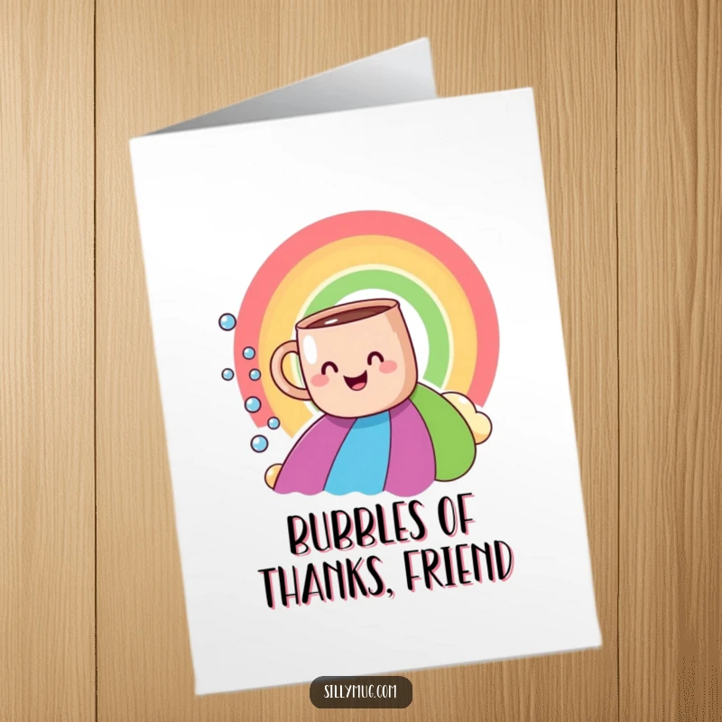Funny Free Printable Thank You Card: A smiling mug slides down a bright rainbow, trailing a cascade of shimmering bubbles.
