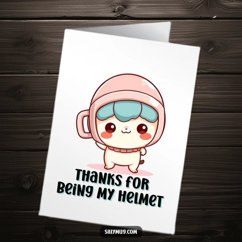 Funny Free Printable Thank You Card: Mischievous Kawaii character humorously wearing a mug helmet, expressing thanks.