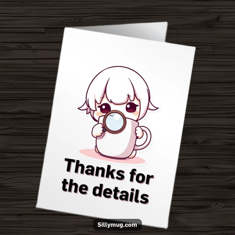 Funny Free Printable Thank You Card: Curious Kawaii character uses a magnifying glass to inspect a mug, expressing gratitude.