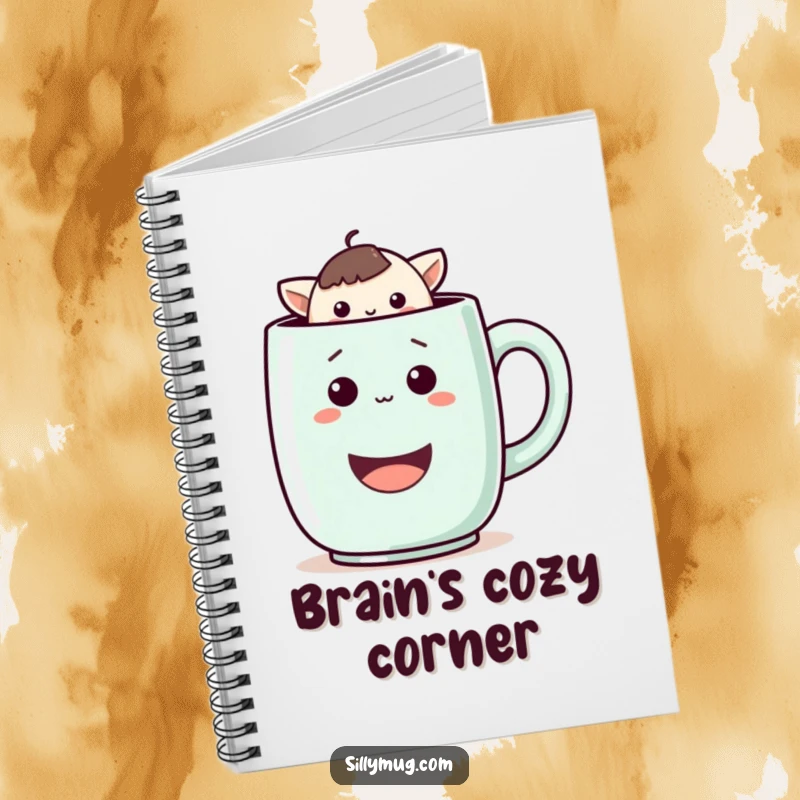 Funny notebook cover with a playful Kawaii character peeking from a large, smiling mug, perfect for jotting down thoughts and doodles.
