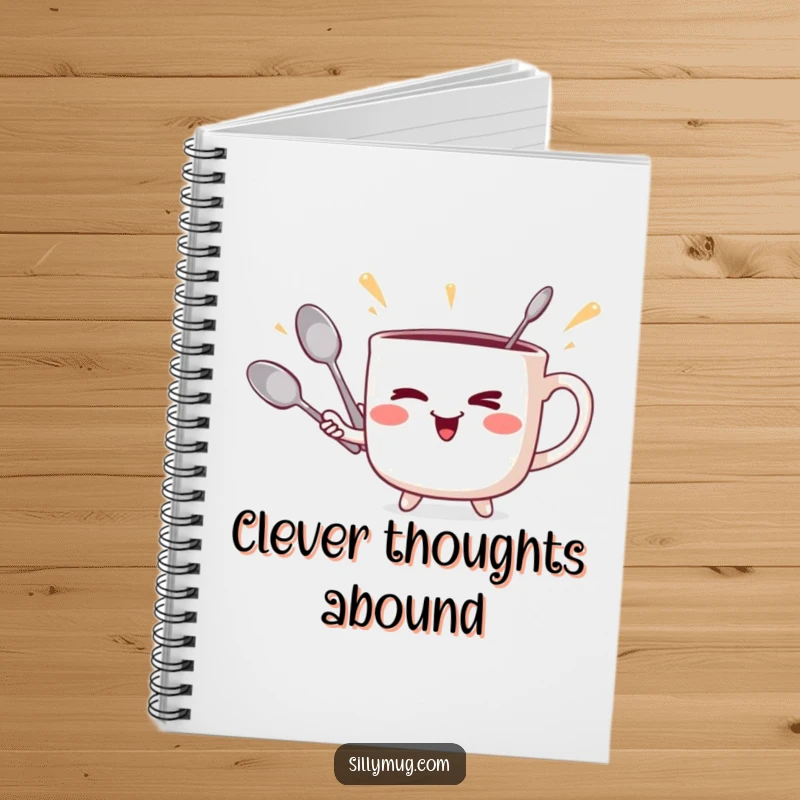 Funny winking mug juggler notebook, with a mug juggling spoons, for humorous note-taking.