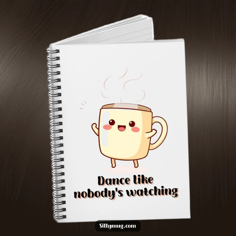 Funny notebook with a kawaii mug character in a happy dance pose, steam swirling, perfect for creative expression.