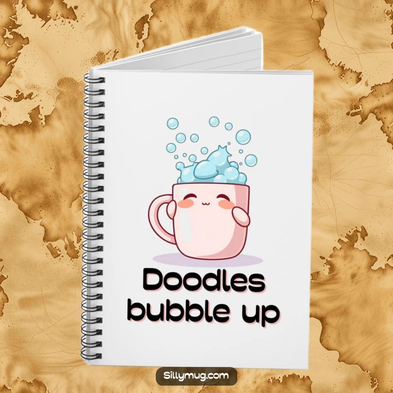Funny notebook with a character playfully tapping a mug overflowing with bubbles, ideal for jotting ideas.