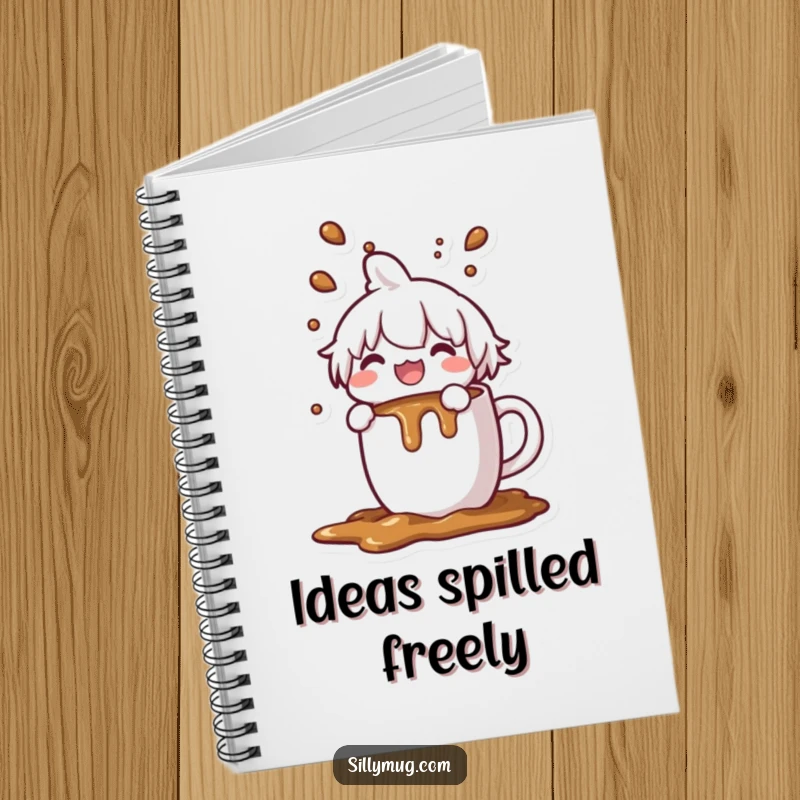 Funny Kawaii character notebook, joyfully spilling coffee from an overflowing mug, ideal for notes and journaling, humorous study accessory.