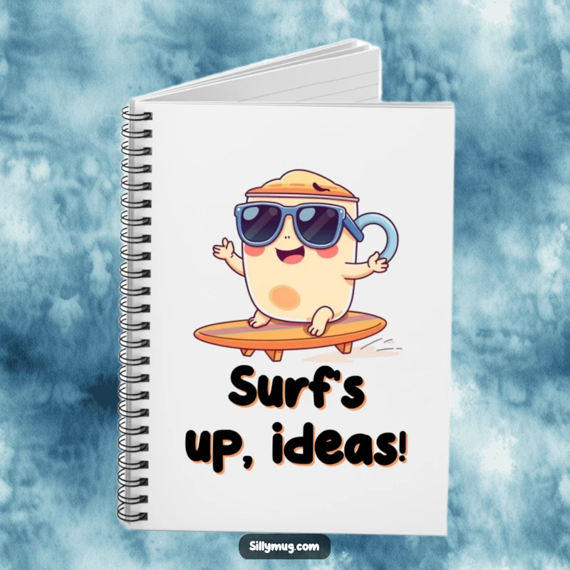 Funny notebook with a giggling mug wearing sunglasses, riding a tiny surfboard, perfect for jotting notes.