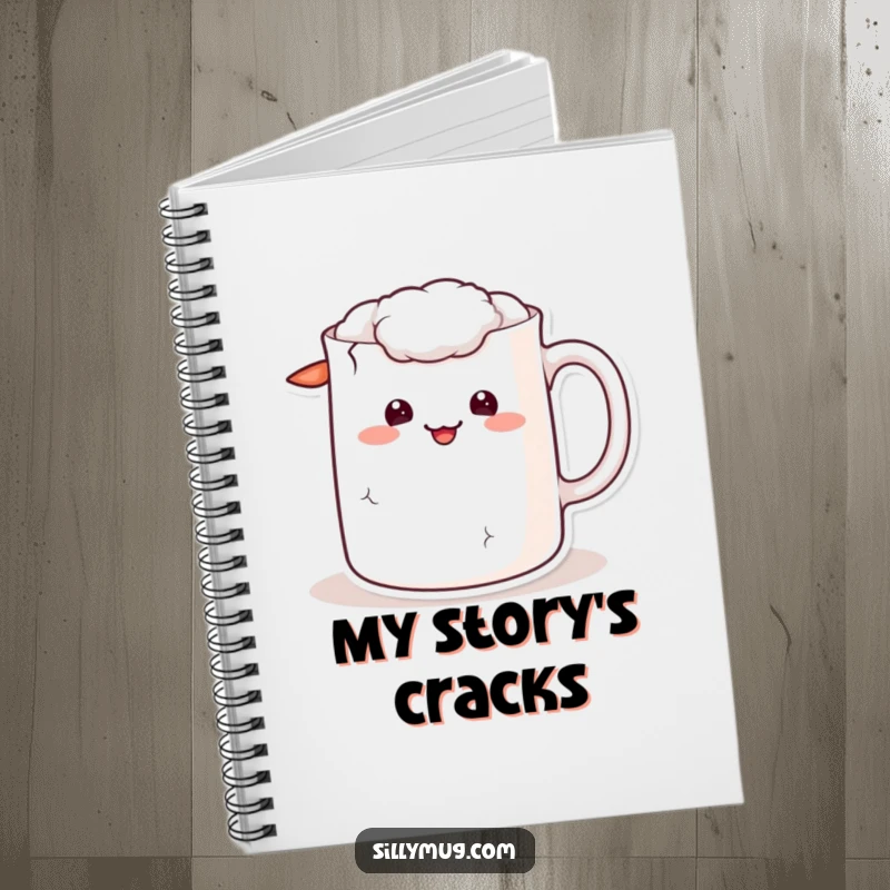 Funny kawaii notebook with a mug character showing a cracked handle and a sheepish grin, ideal for journaling.