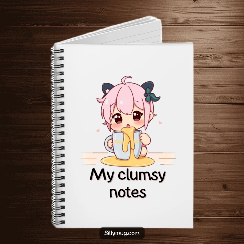 Funny notebook with a surprised character reacting to a mug spill, ideal for jotting down notes.