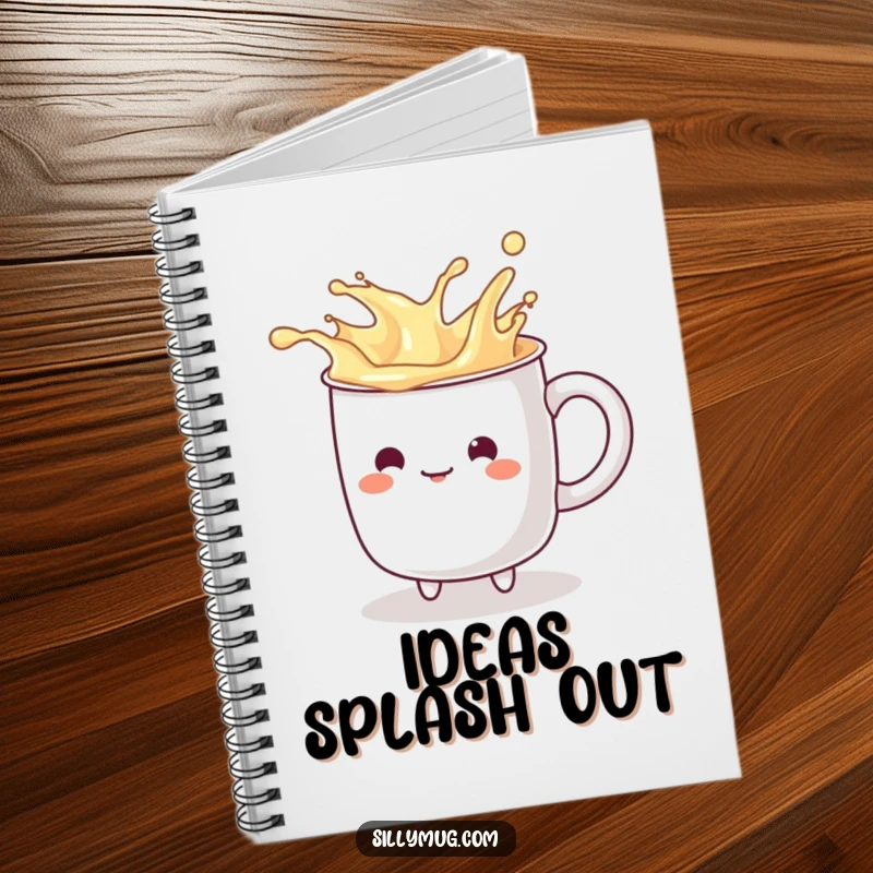 Funny kawaii mug character playfully splashing imaginary liquid, featured on a notebook cover for humorous note-taking.