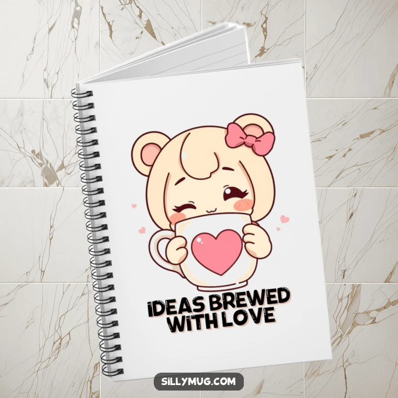 Funny notebook cover depicting a character winking while holding a steaming mug with a heart, ideal for creative writing and journaling.