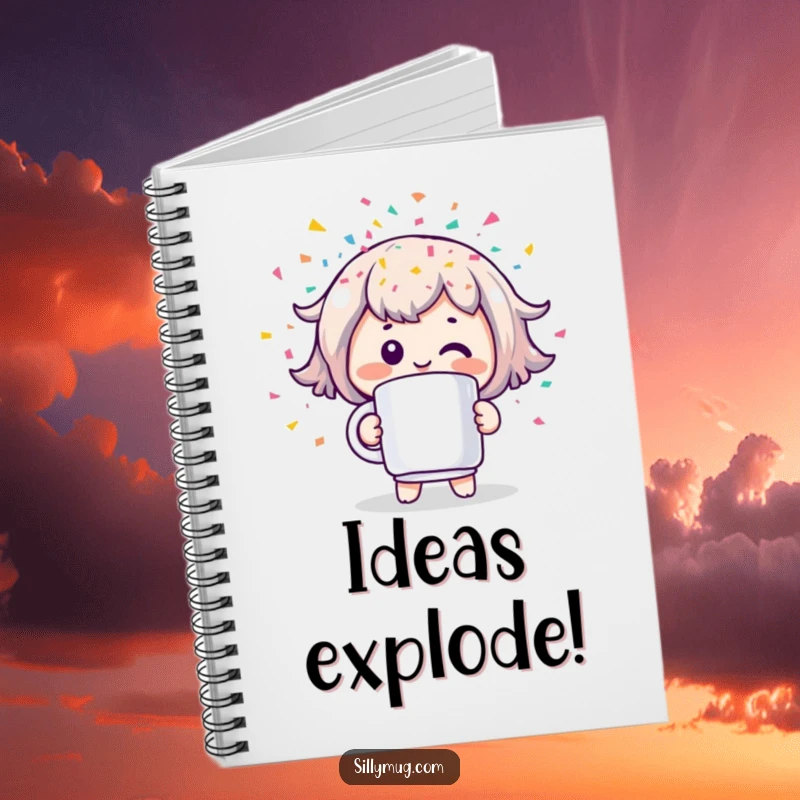 Funny notebook cover featuring a cheerful Kawaii character holding a mug that shoots colorful confetti, ideal for jotting down happy thoughts.
