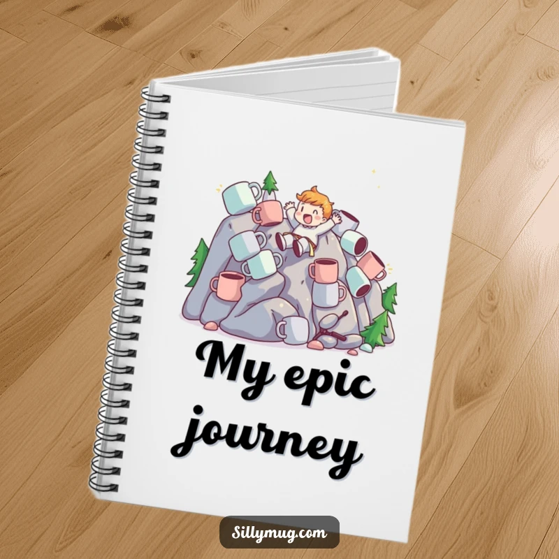 Funny Notebook with a character sliding down a mountain of mugs, designed to inspire exciting ideas and document coffee adventures.