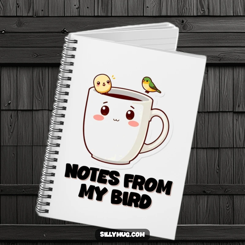 Funny kawaii mug character holding a notebook, with a bird on the handle, ready for jotting down funny thoughts and ideas.