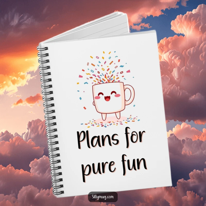 Funny excited Kawaii mug character pouring confetti notebook, perfect for journaling and note-taking with festive artistic humor.