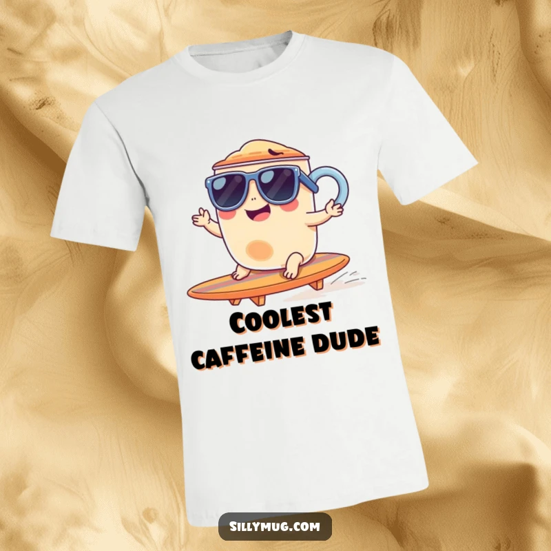 Funny t-shirt showing a giggling mug in sunglasses, riding a tiny surfboard with a cool, carefree attitude.