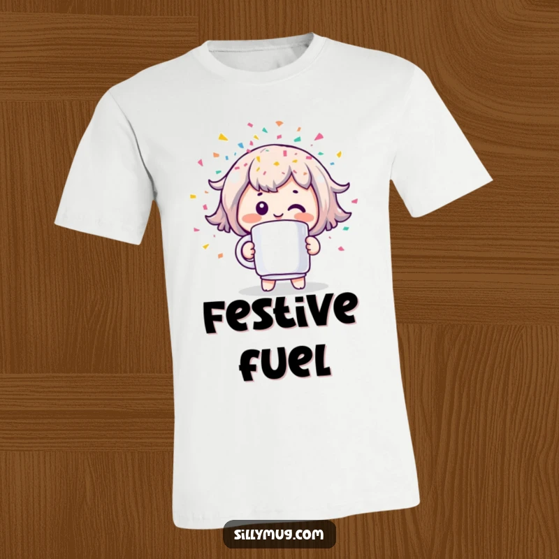 Funny t-shirt depicting a cheerful Kawaii character holding a mug that shoots out a stream of colorful confetti, radiating pure excitement.