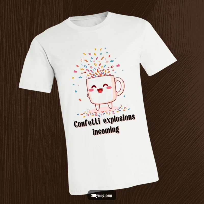 Funny excited Kawaii mug character pouring confetti on a t-shirt, showcasing a celebratory and humorous design for a funny gift.