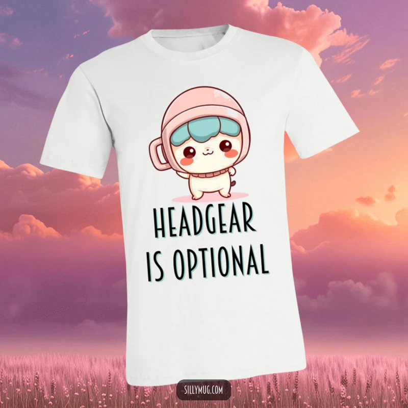 Funny T-Shirt: A mischievous Kawaii character boldly wears a coffee mug as a helmet, radiating playful energy and charm.