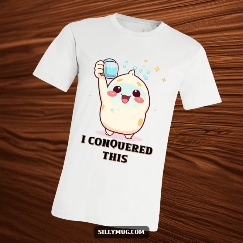 Funny T-Shirt: A triumphant Kawaii character holds up a mug overflowing with sparkling bubbles, beaming with joy and success.