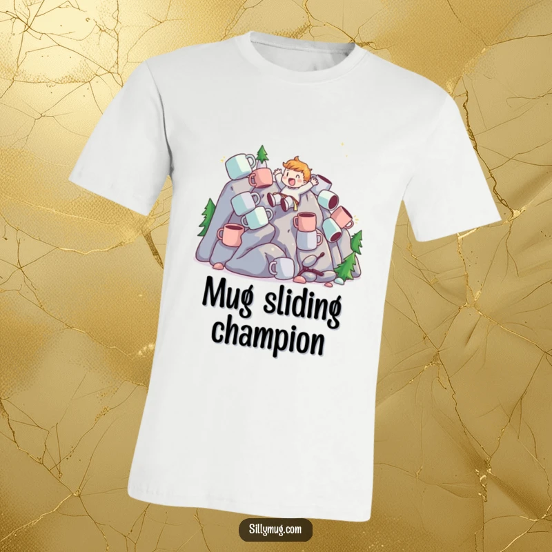 Funny T-Shirt depicting a character joyfully sliding down a mountain of mugs, celebrating coffee obsession with thrilling action.