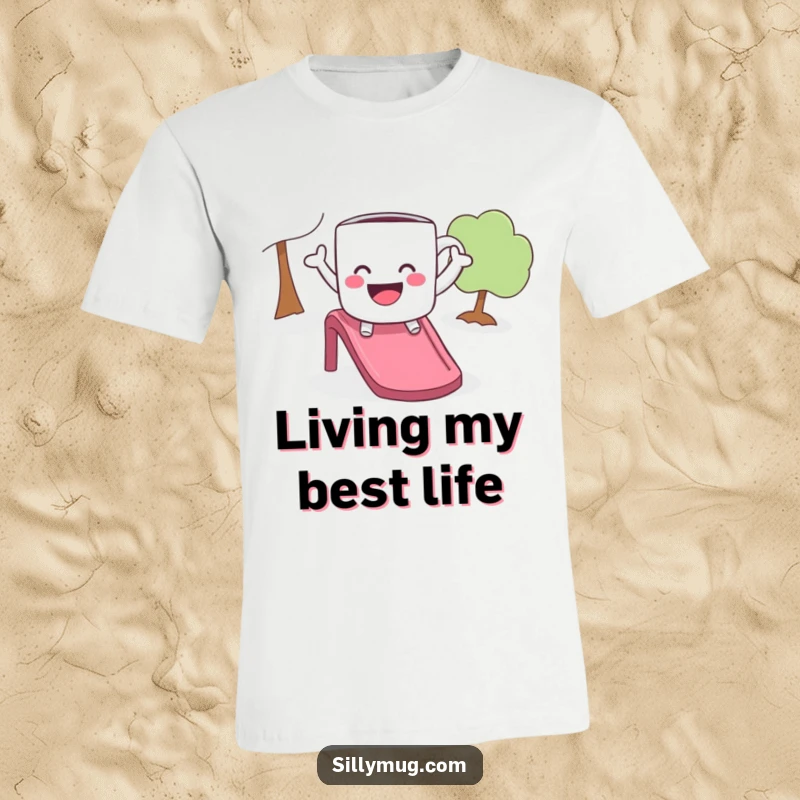 Funny t-shirt showing a playful mug with arms out, delightedly sliding down a slide, a wearable burst of joy.