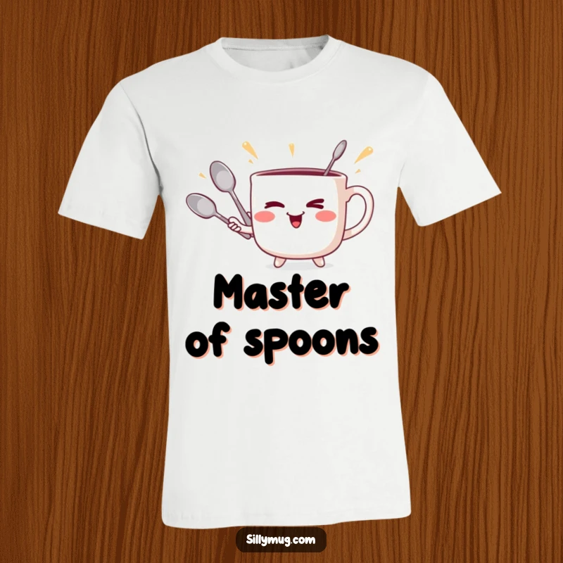Funny t-shirt with a mischievous mug winking and juggling spoons, designed for humorous display of skill.