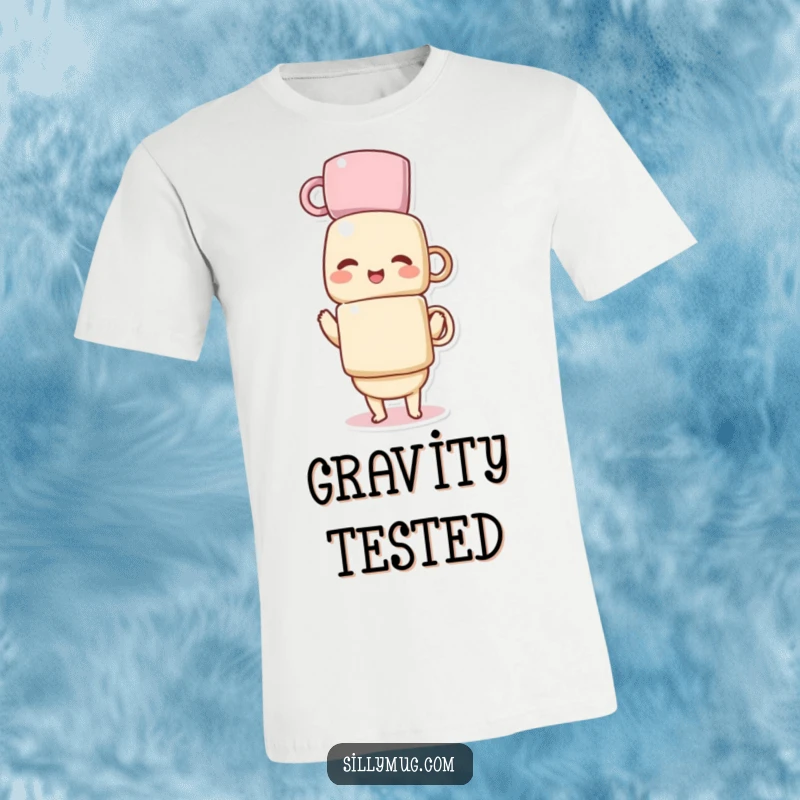 Funny t-shirt with a giggling Kawaii character precariously stacking multiple coffee mugs, designed for those who embrace delightful disarray.