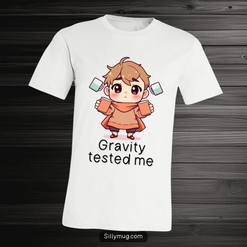 Funny T-Shirt: A character is intensely focused on juggling several ceramic mugs, a humorous depiction of coffee enthusiasm.