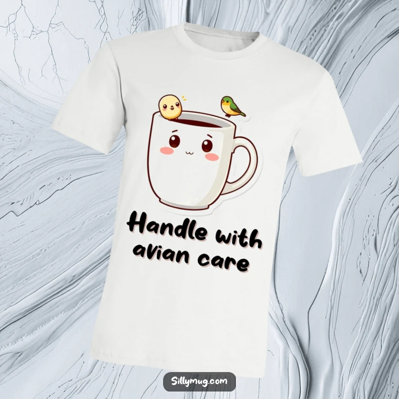 Funny kawaii mug character design with a tiny bird on the handle, printed on a soft tee for ultimate comfort and laughs.