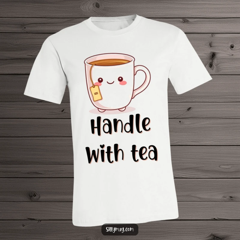 Funny t-shirt with a kawaii mug character having a tea bag string tied to its handle, creating a charming tea-time scene.
