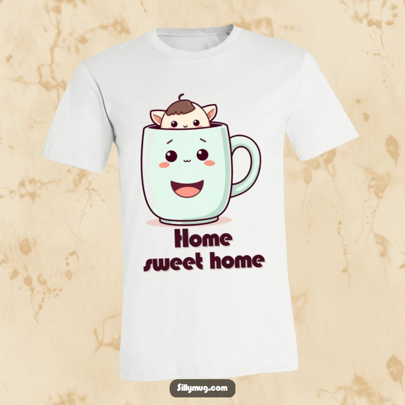 Funny t-shirt showcasing a playful Kawaii character peeking from inside a huge, smiling mug, radiating pure joy and cheekiness.