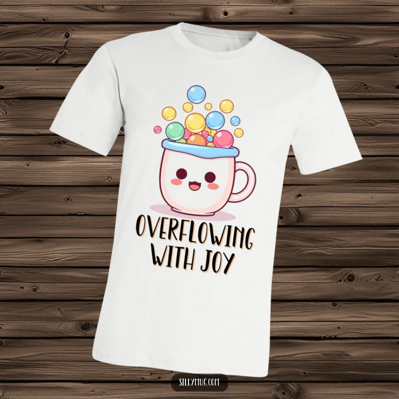 Funny kawaii t-shirt with a mug character spilling colorful bubbles, expressing delightful surprise, ideal for fun apparel.