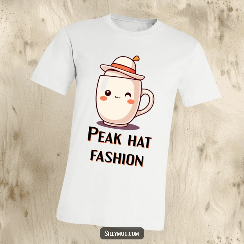 Funny Kawaii mug character with a tilted jaunty hat on a t-shirt, showcasing adorable and humorous design for a funny gift.