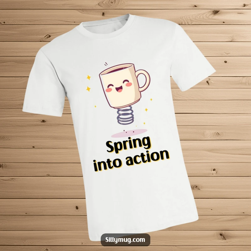 Funny t-shirt depicting a happy mug bouncing on a spring, leaving a trail of glittering sparkles, a wearable spark of joy.