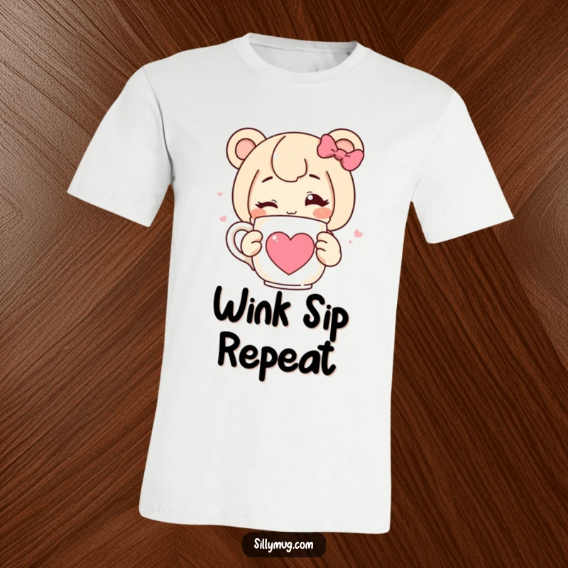 Funny t-shirt showcasing a character giving a charming wink while holding a steaming mug with a heart, symbolizing warmth and humor.