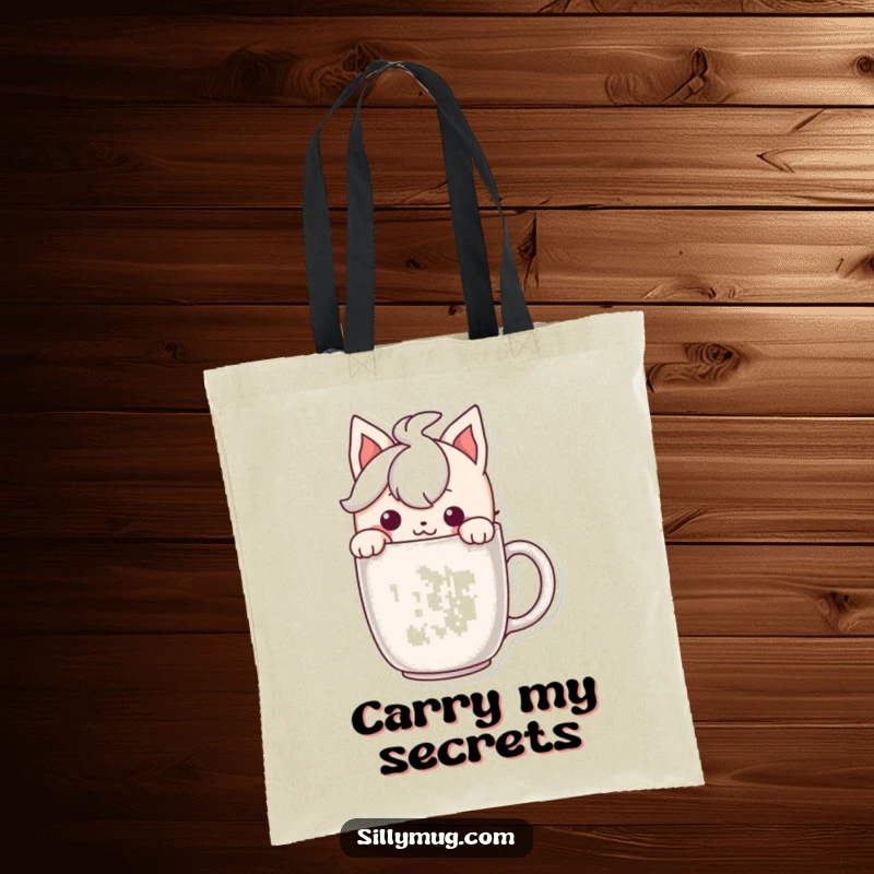 Funny tote bag showing a character peeking over a mug with a mischievous grin, great for everyday use.